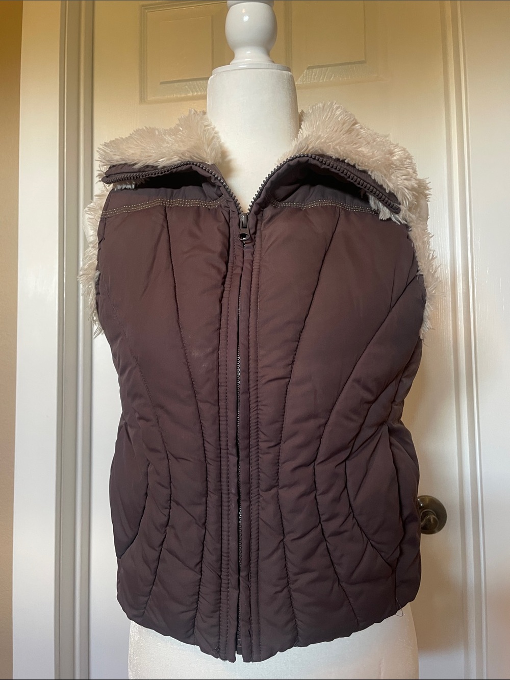 Small Dressbarn Puffer Vest with Faux Fur Trim - Brown